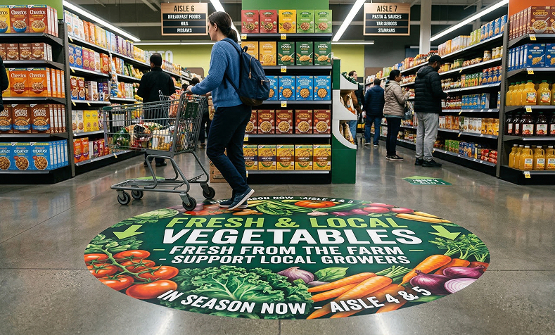 Floor graphics in retail store guiding customers with branded directional signage